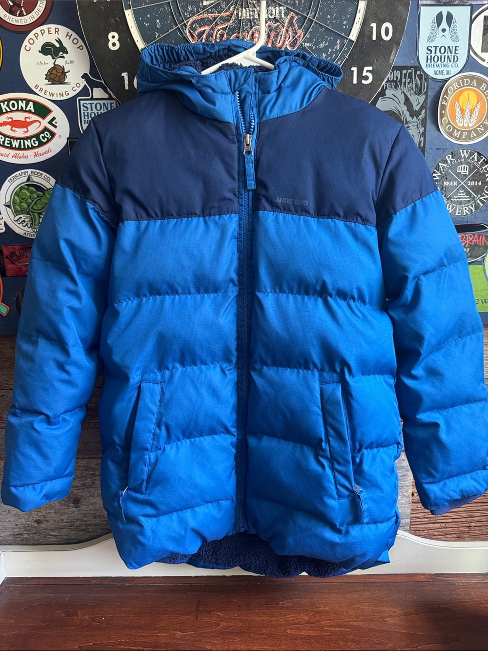 Land’s End Boys Large 10/12 Blue Puffer Jacket with Hood - Excellent Condition